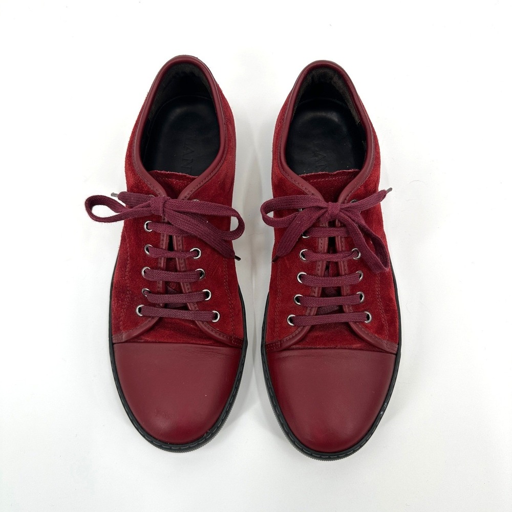 Lanvin Mens DBB1 Burgundy Red Suede Leather Cap Toe Low Top Sneakers Shoes Sz 8